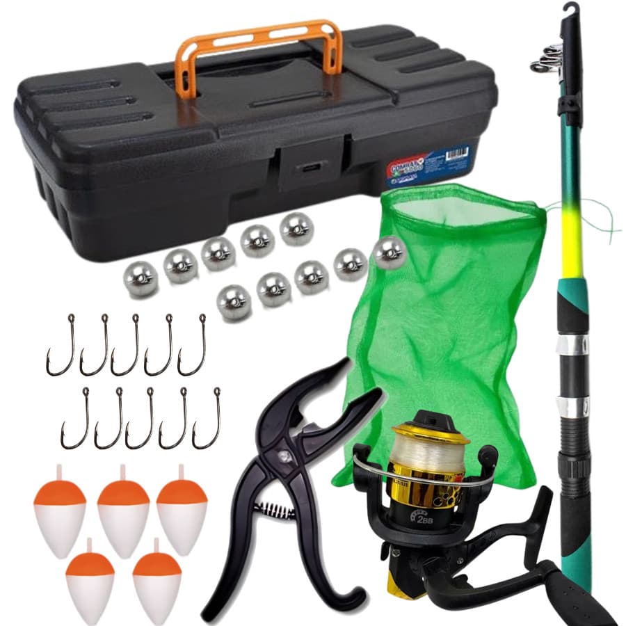 Kit Pesca Essencial Completo com Vara Molinete Maleta com Alça Sambura Alicate Pega Peixe Anzol Boinha Chumbada Barato