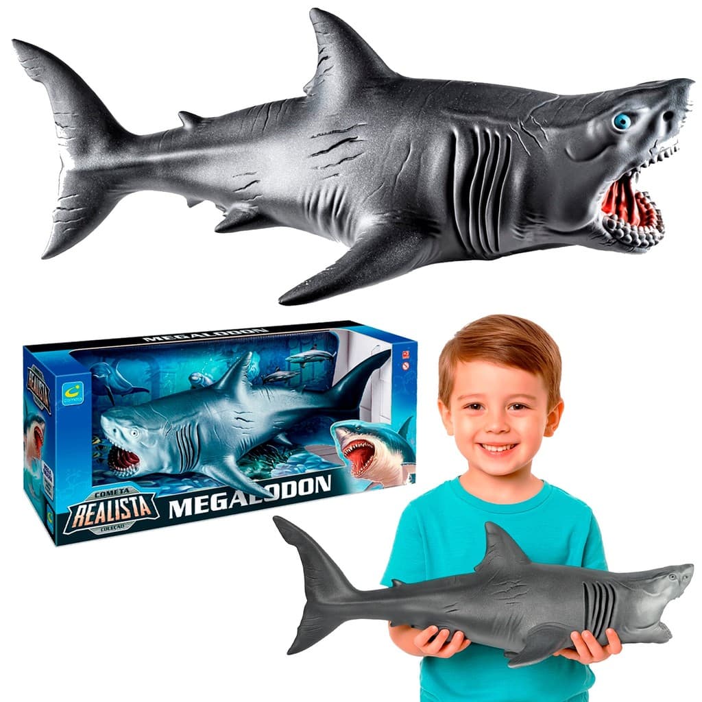 Brinquedo Tubarão Gigante Megalodon Boneco 45 Cm Em Vinil Cometa Realista - Cometa Brinquedos