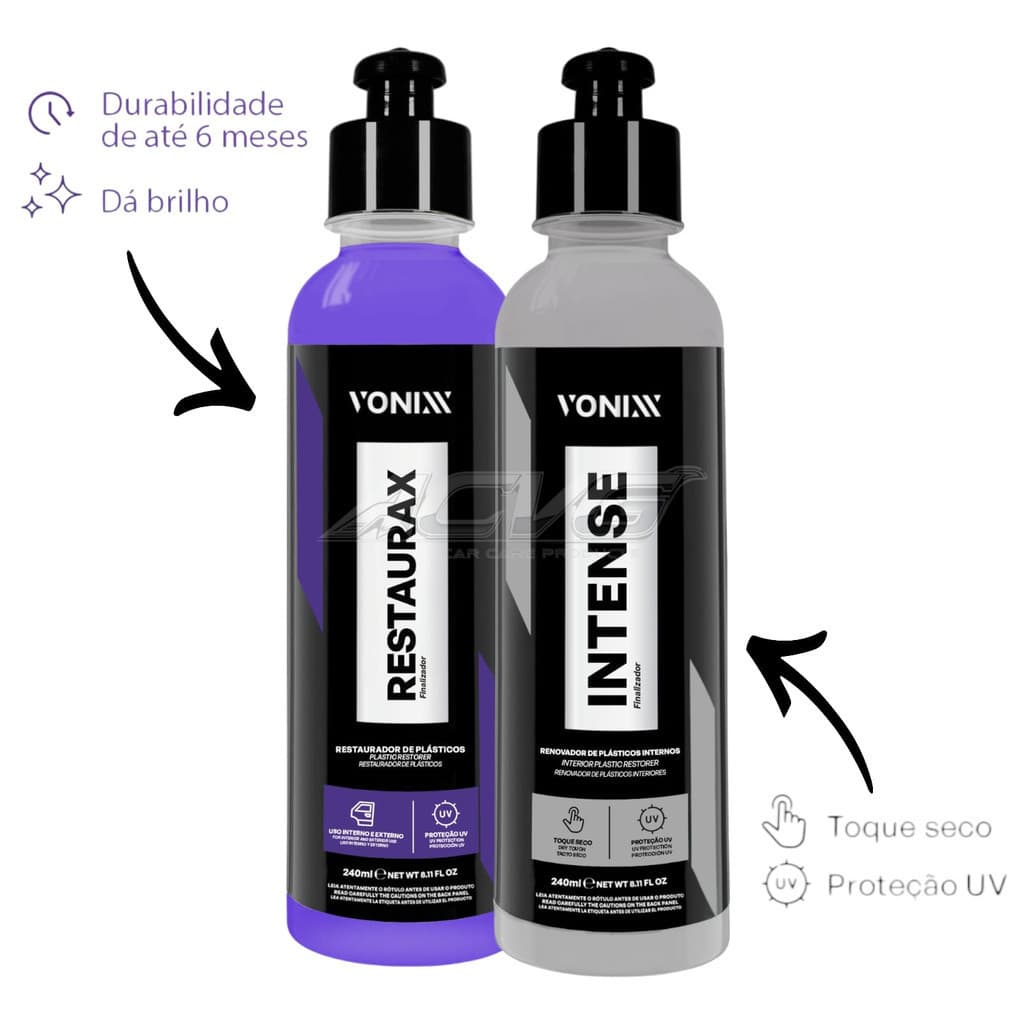KIT Intense 240ml e Restaurax 240ml Vonixx Revitalizador e Proteção de Plasticos Interno e Externos