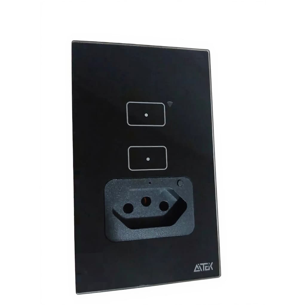 INTERRUPTOR WIFI TOUCH 2 TECLAS COM TOMADA PRETO APP TUYA ALPHA110-2P AITEK