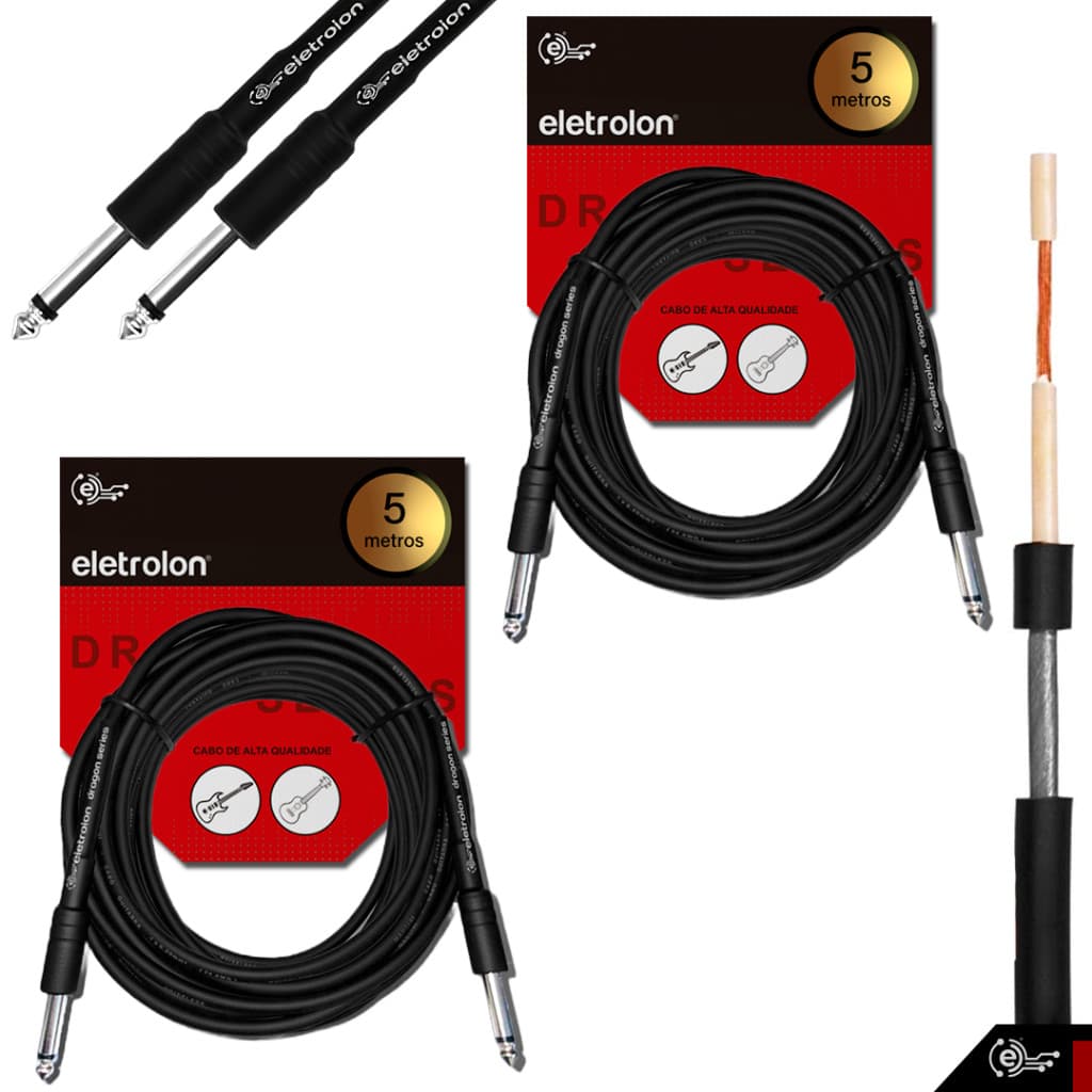 Kit 2 Cabo P10 P10 Mono Para Violão Guitarra Baixo 5m Metros