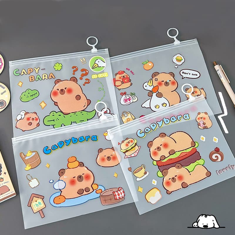 Bolsa De Arquivo Com Zíper Padrão De Capivara De Desenho Animado A5-Documentos Simples E Fofa Para Escritório Escolar Gr