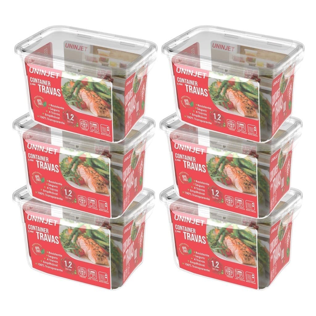 Kit 6 Pote De Plástico Container Com 4 Travas Resistente Design Moderno Prático 1200ml