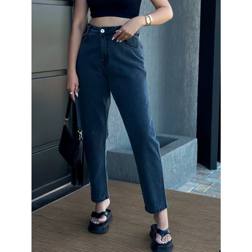 ninajeans 8110 calca jeans feminina mom com bolsa marmore escuro cintura alto 8110