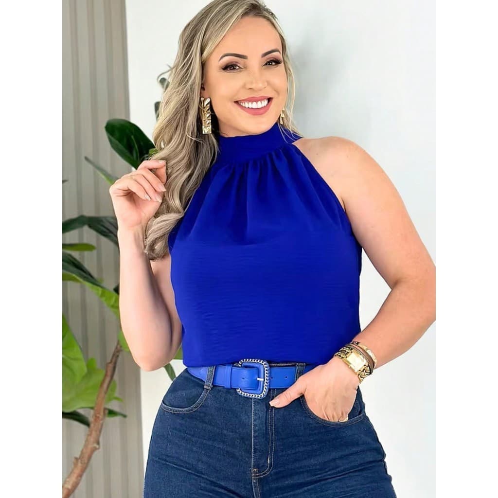 Blusa Regata Feminina Gola Alta Franzido Tecido Duna pra verao moda 2024