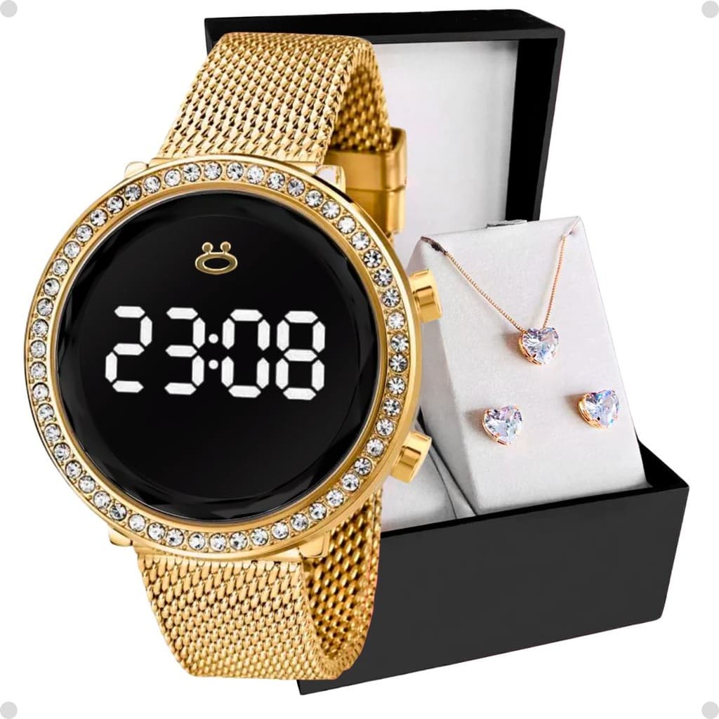Relogio digital feminino aço + colar brinco strass + caixa presente silicone pulseira ajustável
