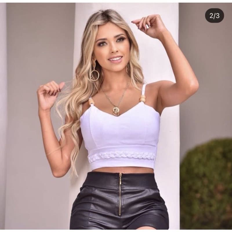 Cropped Feminino Curto Bengaline C/ Bojo e Detalhes Alça Bolinhas De Bambu D-1