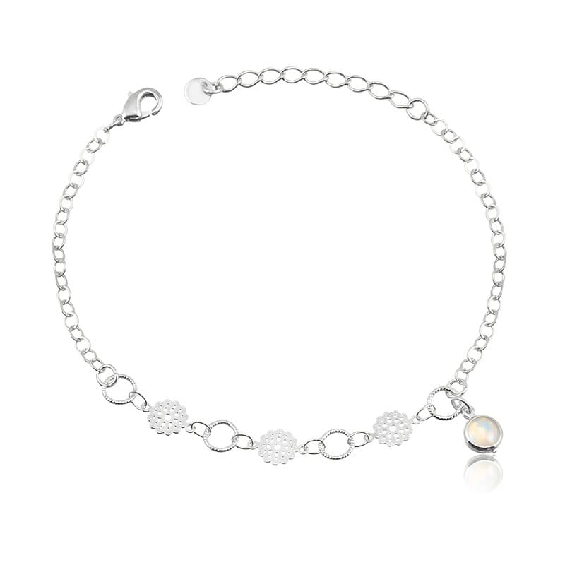 Pulseira Banho de Prata Chapinha Flor Trabalhada Detalhe Pedra Redonda  (18Cm)