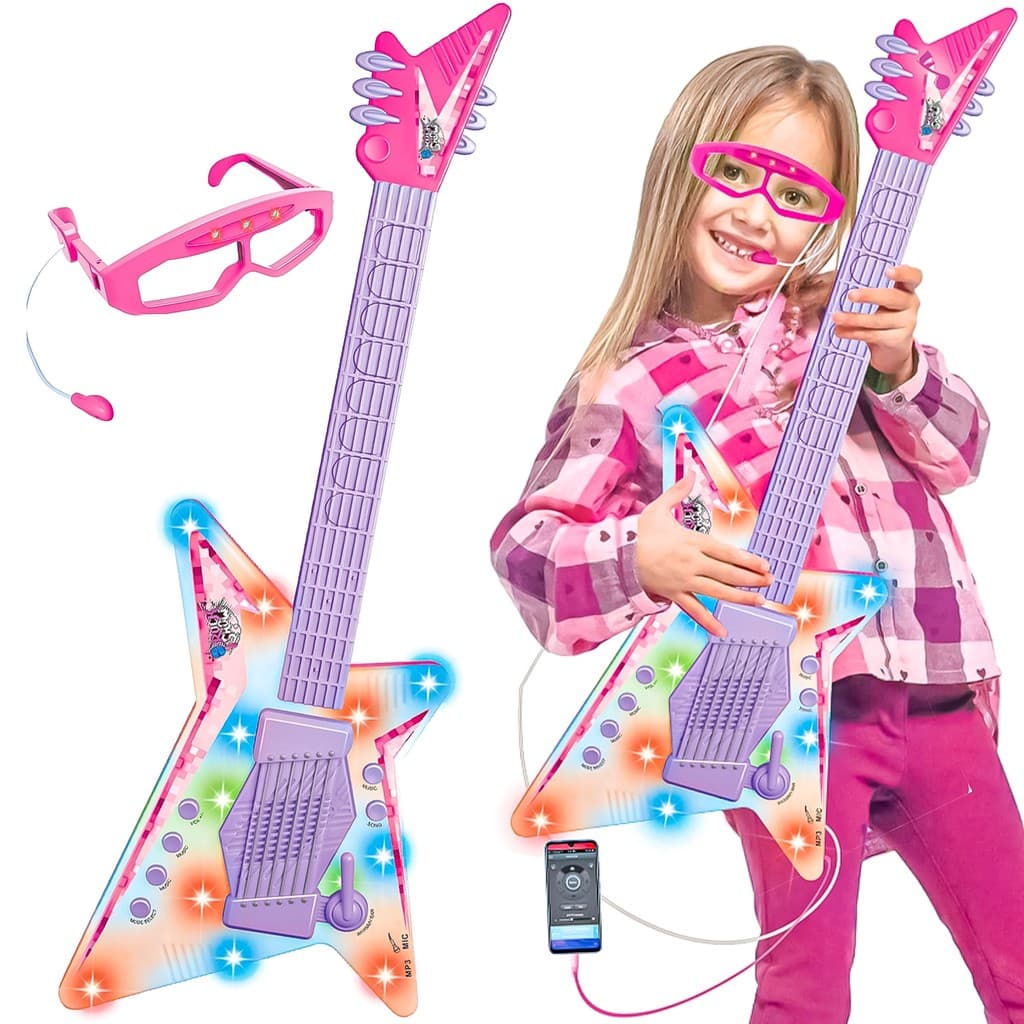 Guitarra Infantil Som Luz Óculos Microfone Meninas Rock Show Dm Toys