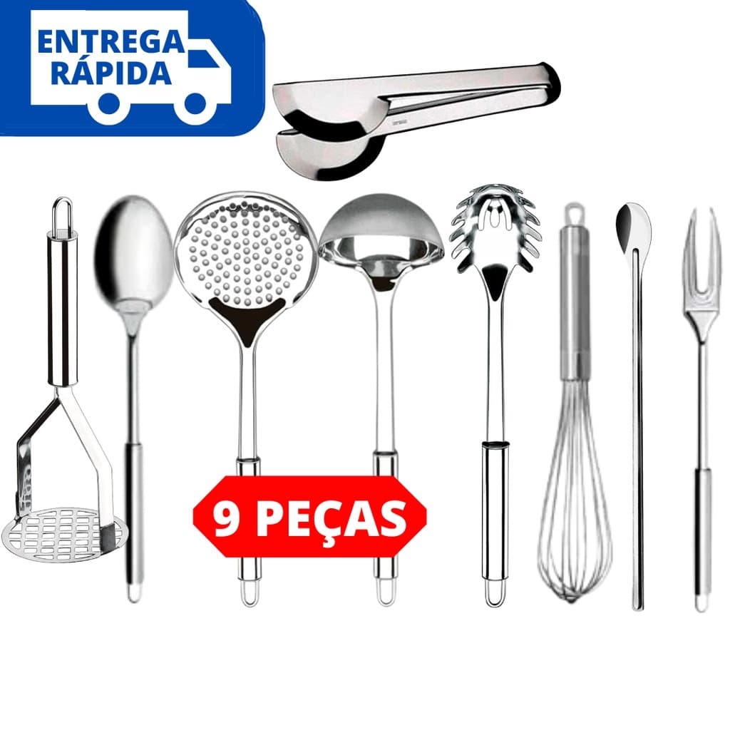 Kit Talheres Utensílios 9 Peças Inox Kit Concha Escumadeira Pegador Colher Garfo Fuet Pegador Colher e Amassador
