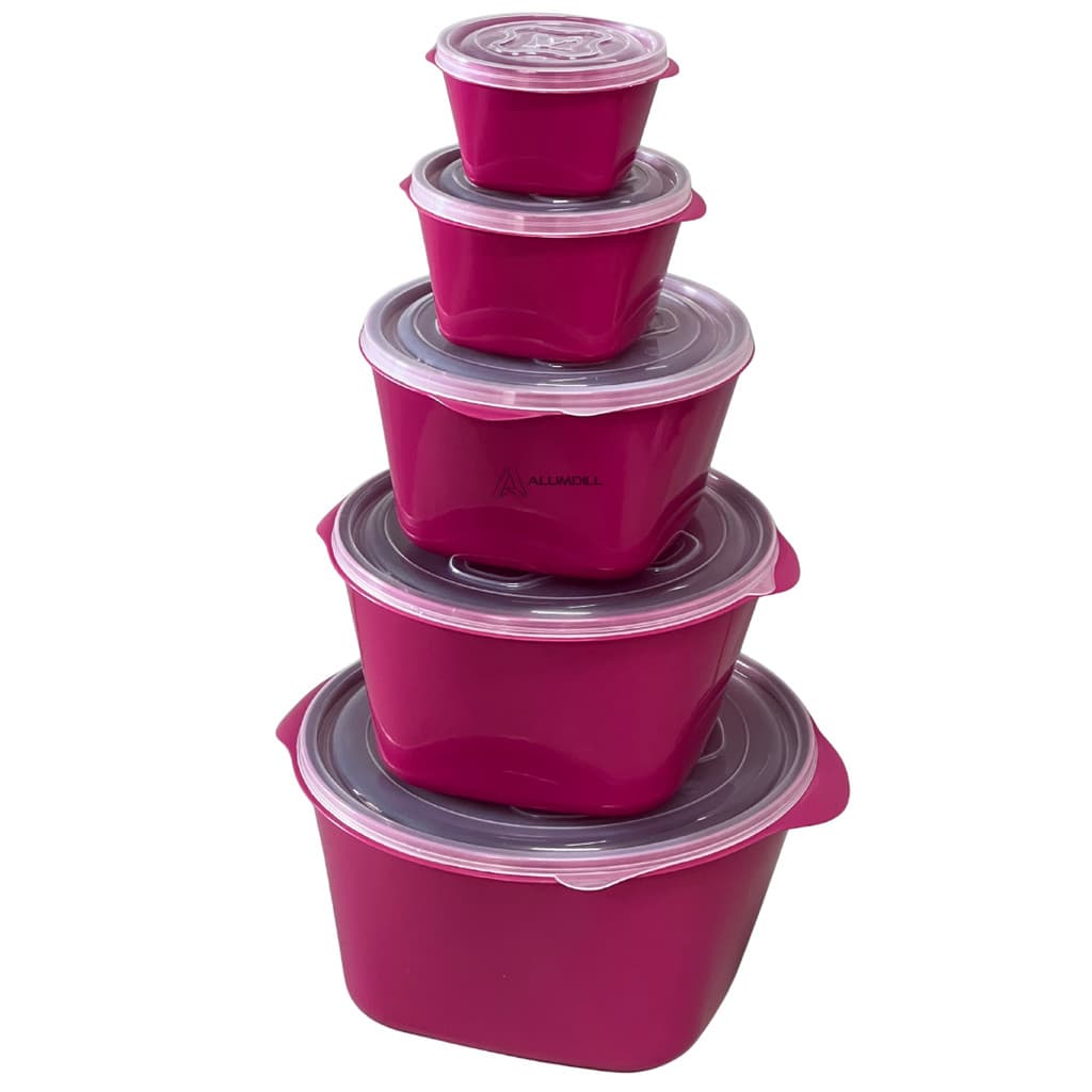 Jogo Kit Conjunto Potes para Mantimentos Multiuso 5 peças Plástico Redondo Tampa Pink Rosa