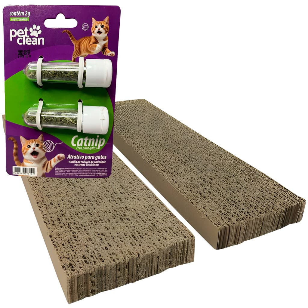 Kit Catnip Erva Natural Gatos 2g Atrativo + Refil Universal Arranhar Papelão Ondulado Pet Clean