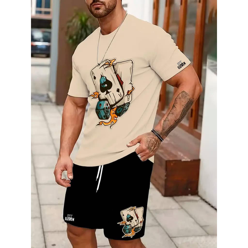 Kit Camiseta Masculina 100% Algodão + Bermuda Moletom Lançamento Estampada Cartas  Confortavel Diversas cores Unissex