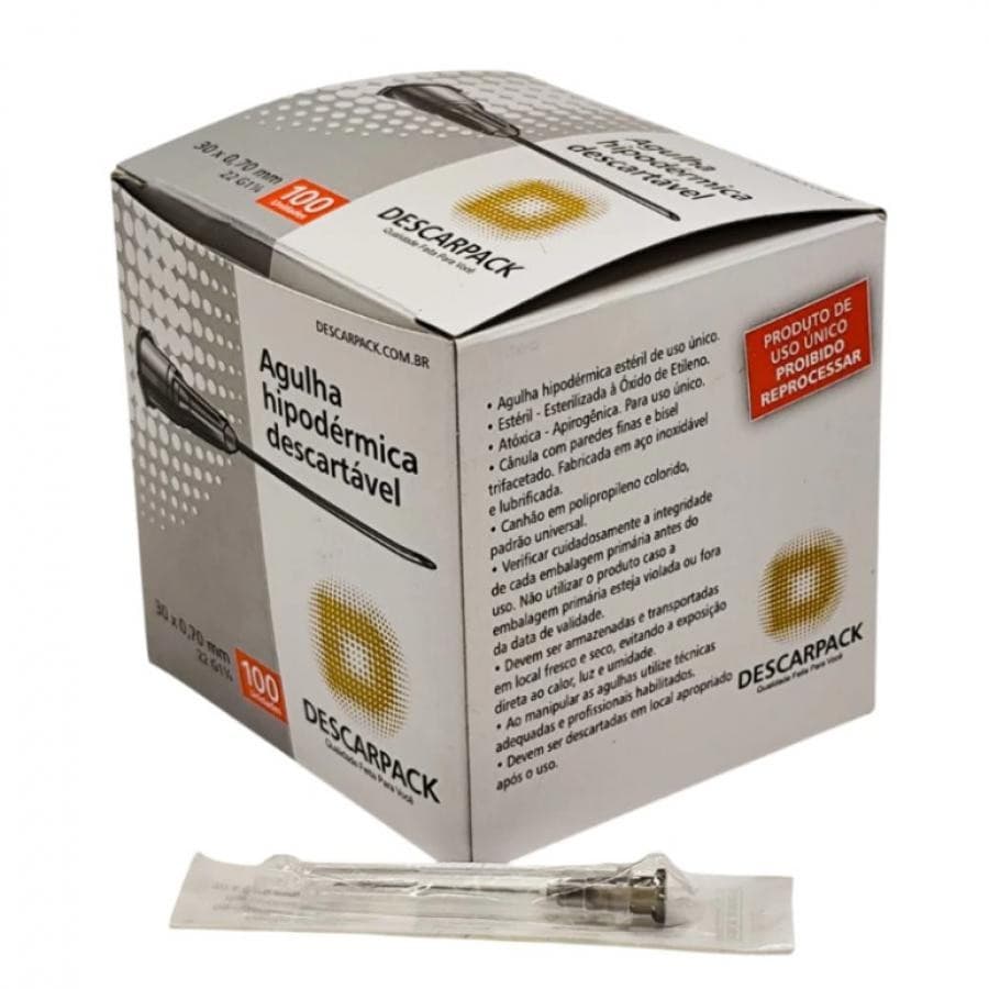 Agulha Hipodermica Descarpack Descartavel 30,0mm x 0,70mm, 22G, caixa com 100 unidades