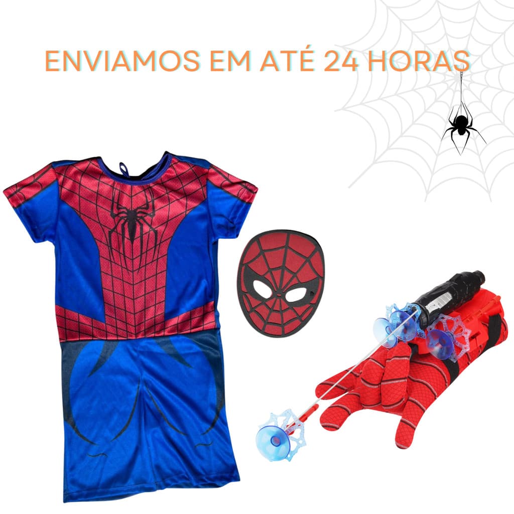 Kit Fantasia e Lança Teia Homem Aranha Dardo com Ventosa Brinquedo Infantil
