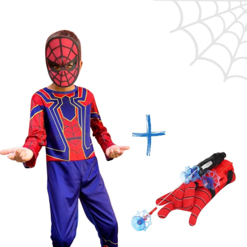 Kit Fantasia Homem Aranha de Ferro e Lança Teia Dardo com Ventosa Brinquedo Infantil