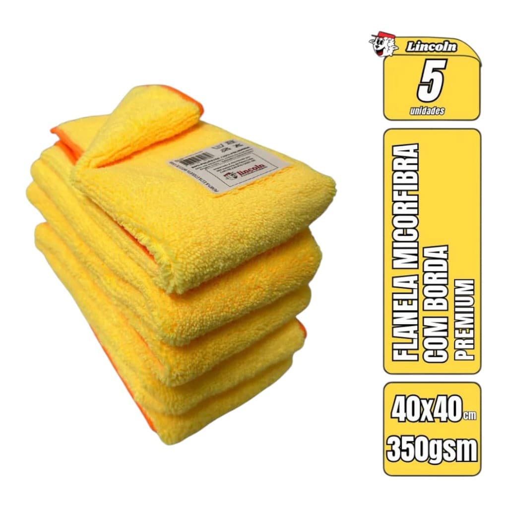 5 Panos Microfibra 40x40 350gsm Lincoln Limpeza Polimento