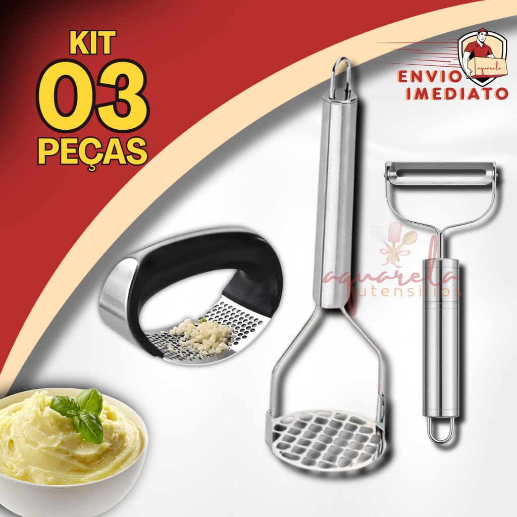 Kit 03 Peças Amassador de Alho + Amassador de Batata + Descascador de Legumes em Inox Profissional