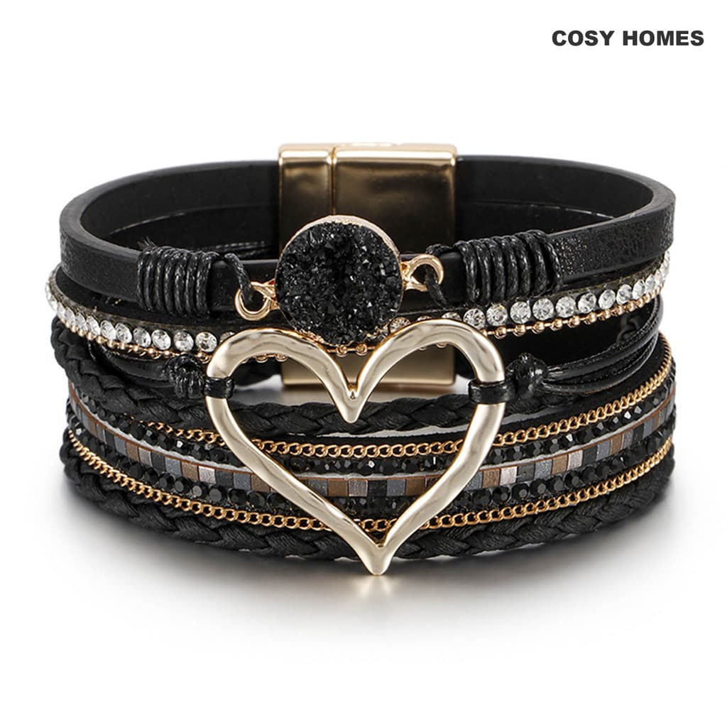 Pulseira Boho Chic Love Heart Fecho-Couro PU Multicamadas Com Detalhes Em Design Trançado Preto , Pingente De Coração De