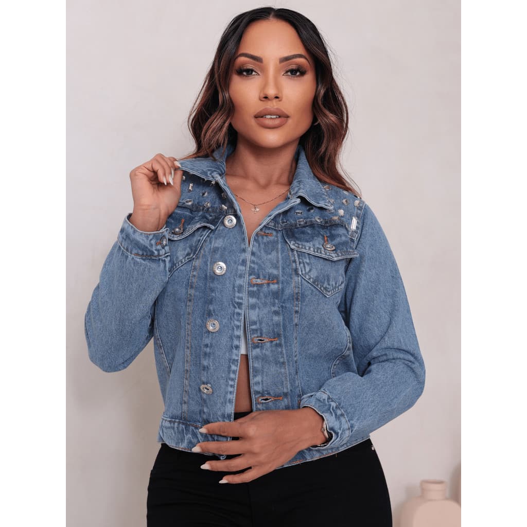 Jaquetinha Jeans Feminina com Strass Lavagem Clara