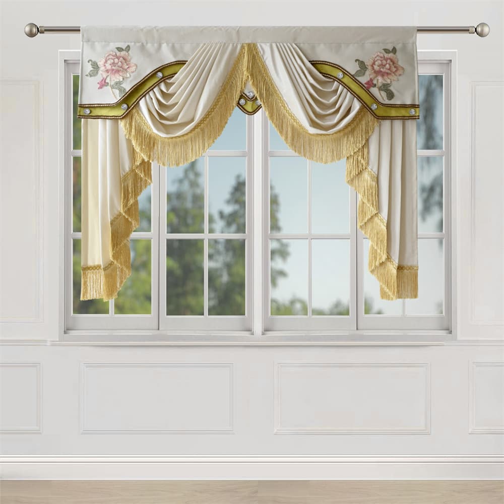 Cortina De Vieira De Veludo Bege Com Cabeça De Flor Bordada De Luxo Para Sala De Estar Porta Deslizante Acessórios Trata