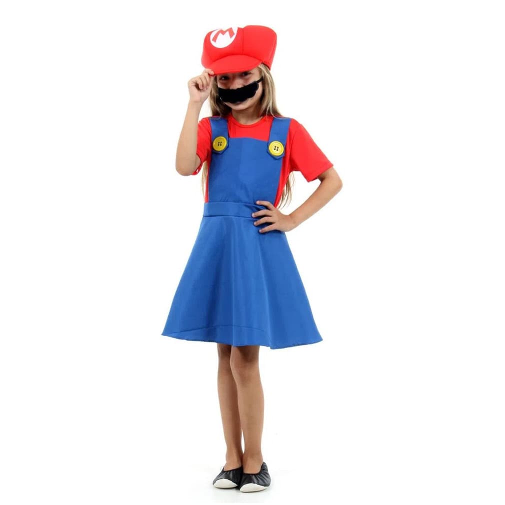Fantasia Super Mario Feminina Infantil Luxo com Chapéu e Bigode