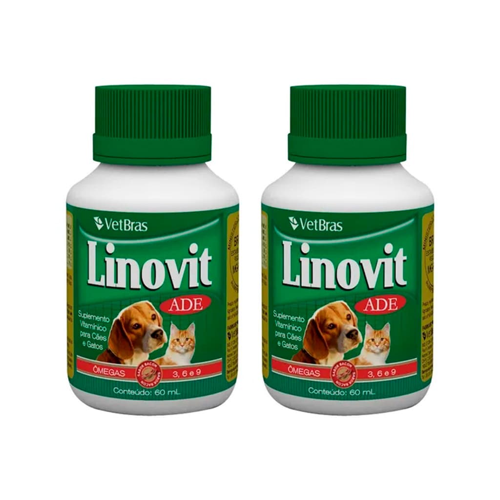🐶 Linovit ADE 60ml Kit 2un Suplemento Vitamínico Cães Gatos Ômega 3 6 9 Pele e Pelo Brilho 🐾