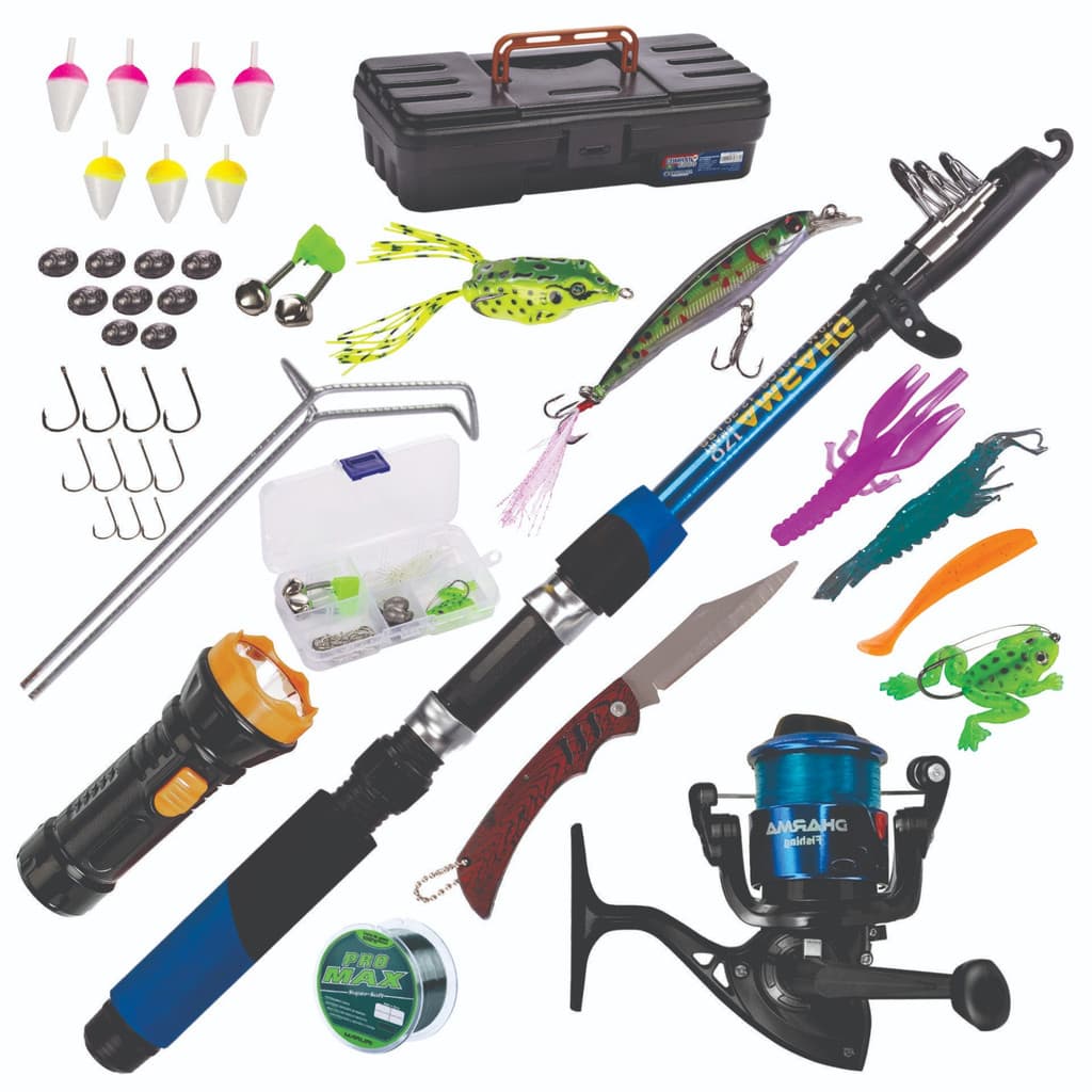 KIT DE PESCA C 1 VARA+1 MOLINETE+LANTERNA+ISCAS+BRINDES+FERRO+ITENS