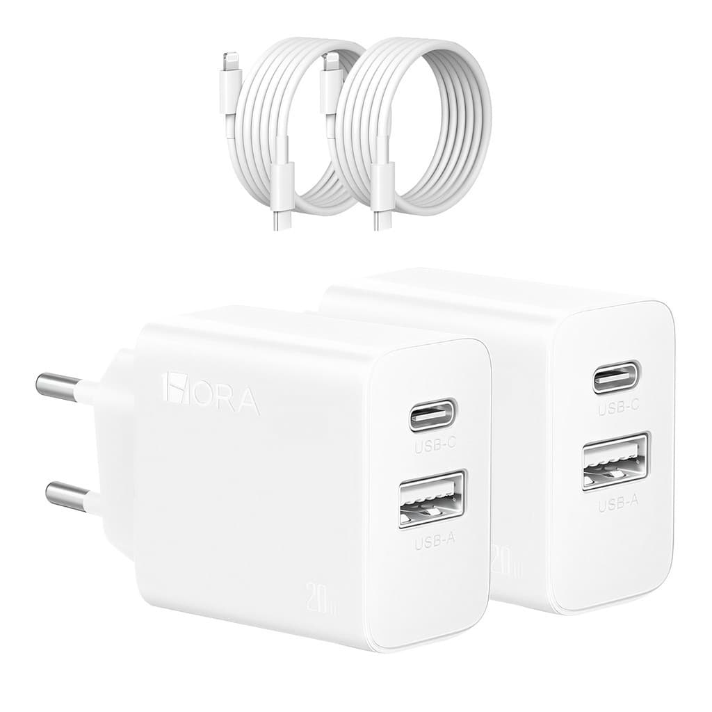 KIT 2X Carregador Usb 1Hora, Pd 20W Porta A/C + Cabo C/Lightning Branco