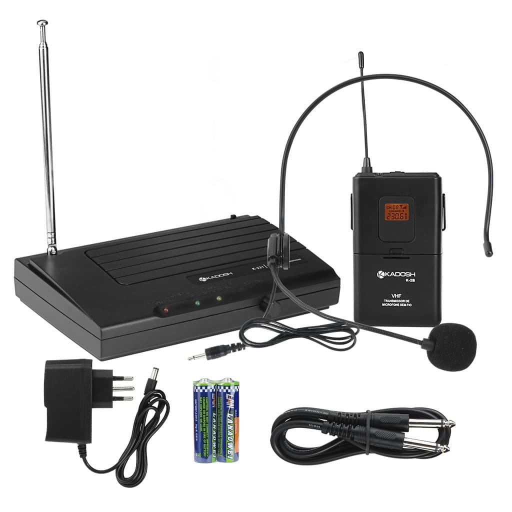 Microfone Headset Sistema Sem Fio K-231H Kadosh Com Bodypack LCD, Receptor 1 Antena, 1 Cabo P10/P10 Para Palestra, Aula, Igreja, Atendimento
