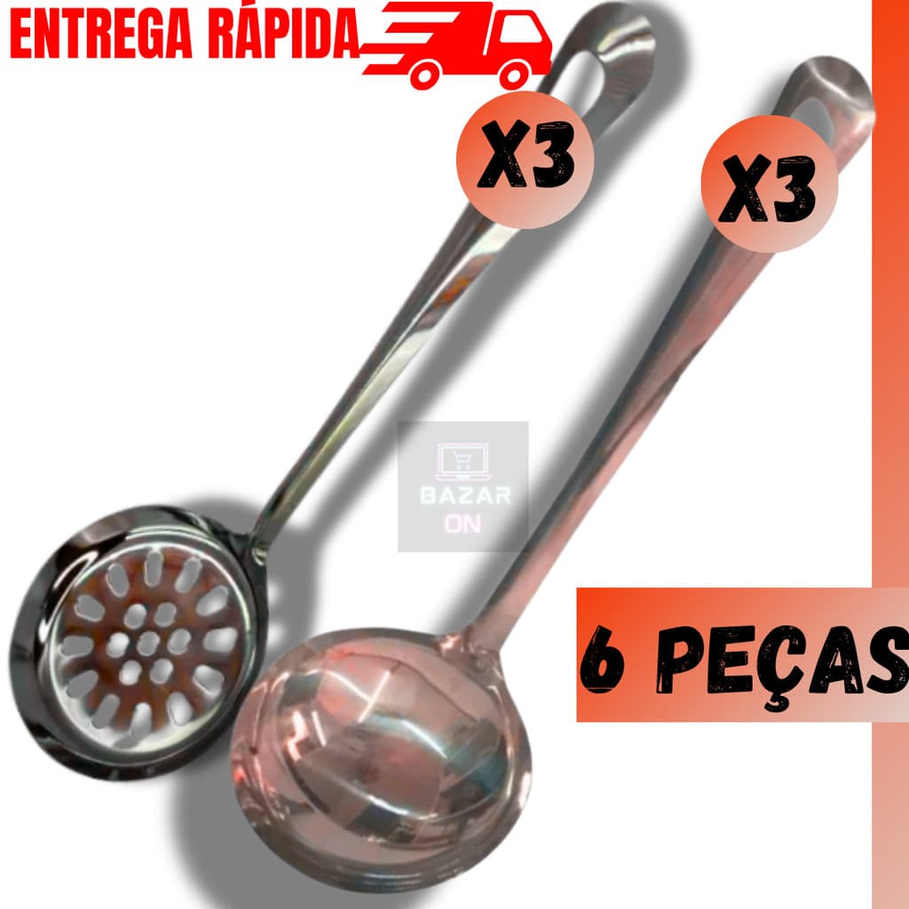 Jogo 6 Peças Escumadeira de Arroz Fritura  + Concha Utensílios de Cozinha Kit Completo em Aço Inox