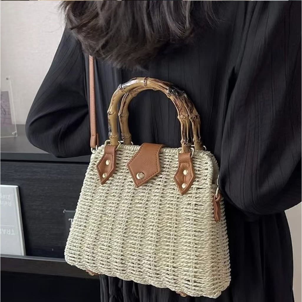 Estilo mimei, bolsa de praia de palha feminina, bolsa de bambu de mão, bolsa de ombro mensageiro