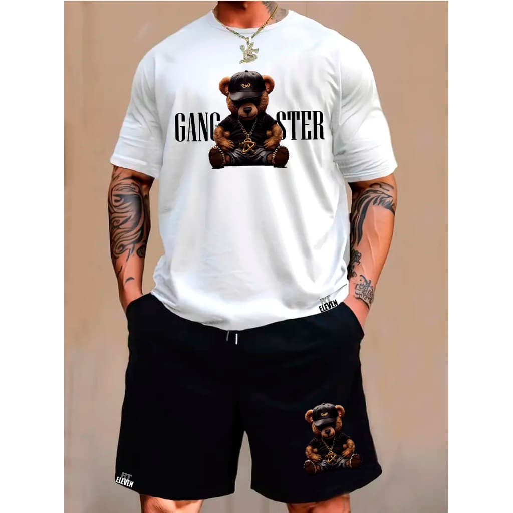 Kit Conjunto Gangster Camiseta Masculina 100% Algodão + Bermuda Moletom Lançamento Estampada Urso Badboy  Confortavel