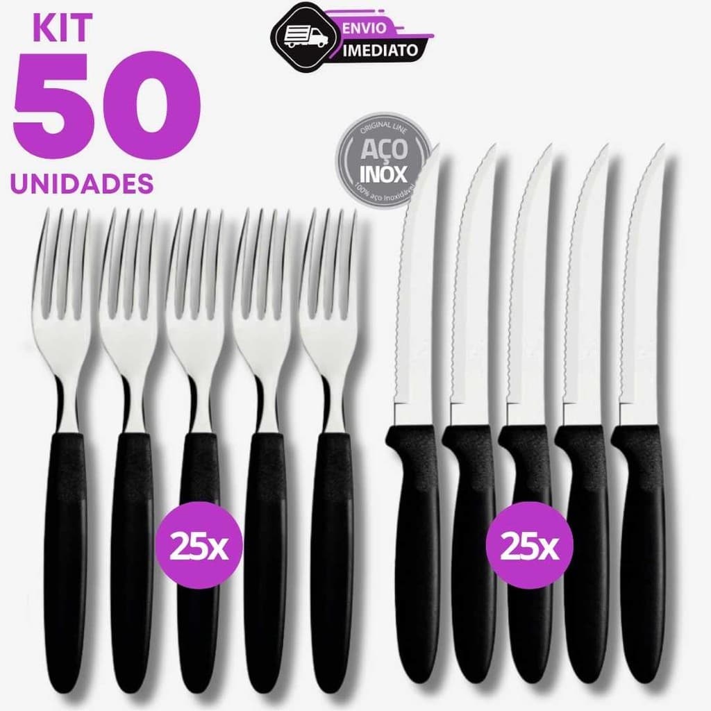Jogo 50 Talheres Inox Cabo Preto 25 Garfos 25 Colheres Refeição Jantar Marmita Restaurante Casa