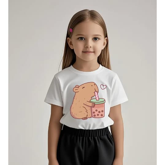Camiseta Infantil Menina Capivara Milk Blusa Criança Elegante Divertida