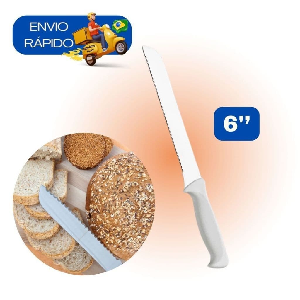 Faca de Pão Bolo Torta Cucas Serra Serrilha Lâmina Aço Inox Cabo Plástico Branco Cozinha 27,4cm