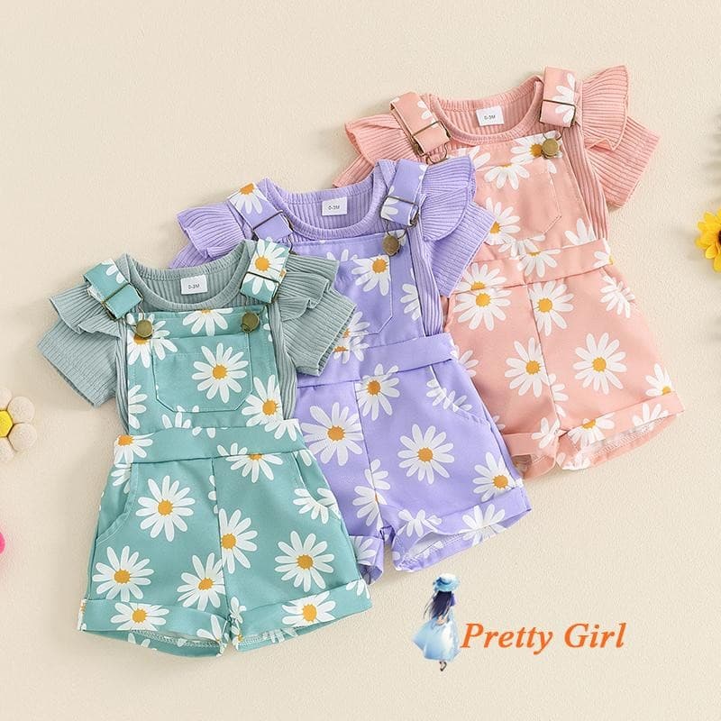 Mellifluous-Macacão De Manga Curta Para Meninas Com Estampa De Flores E Shorts Suspensores , Roupa De Verão