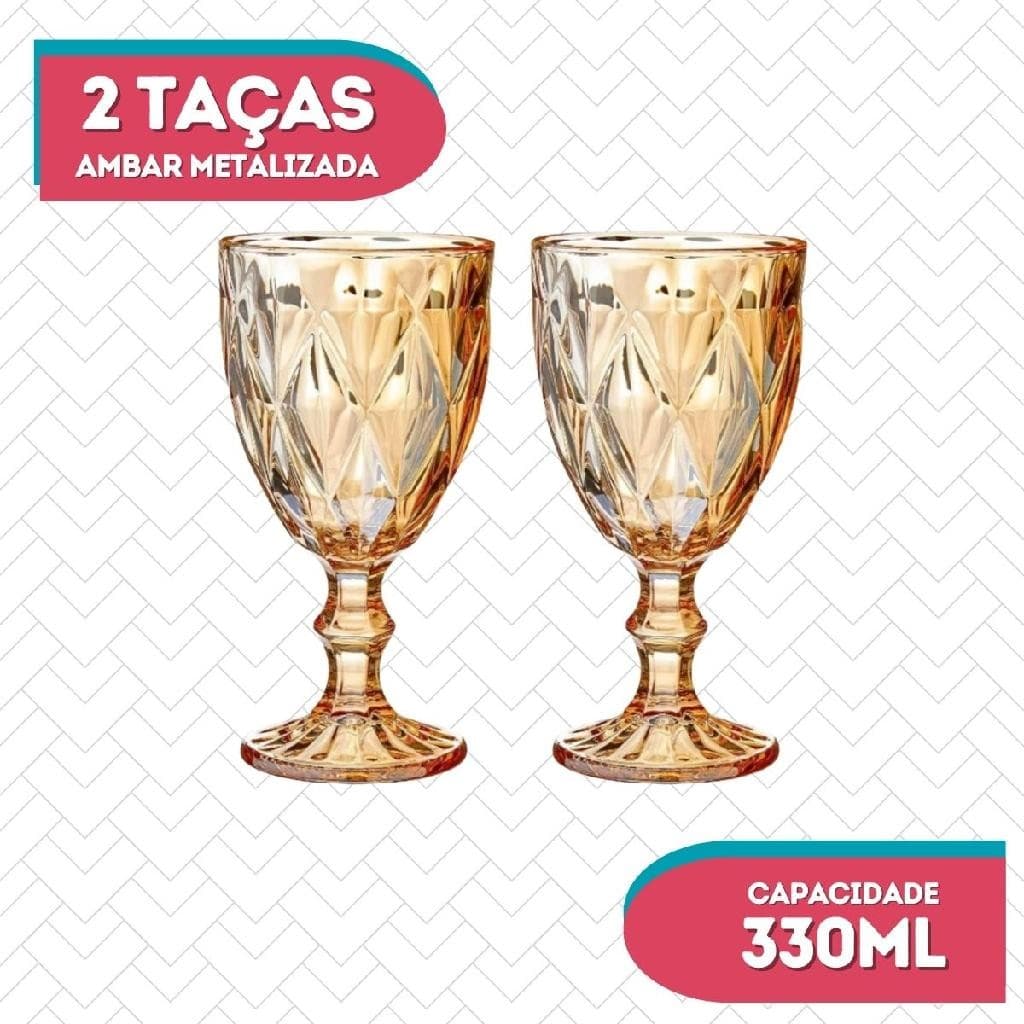 2 Taça Diamante 330ML Mesa Posta Vidro Resistente Ambar Luxo