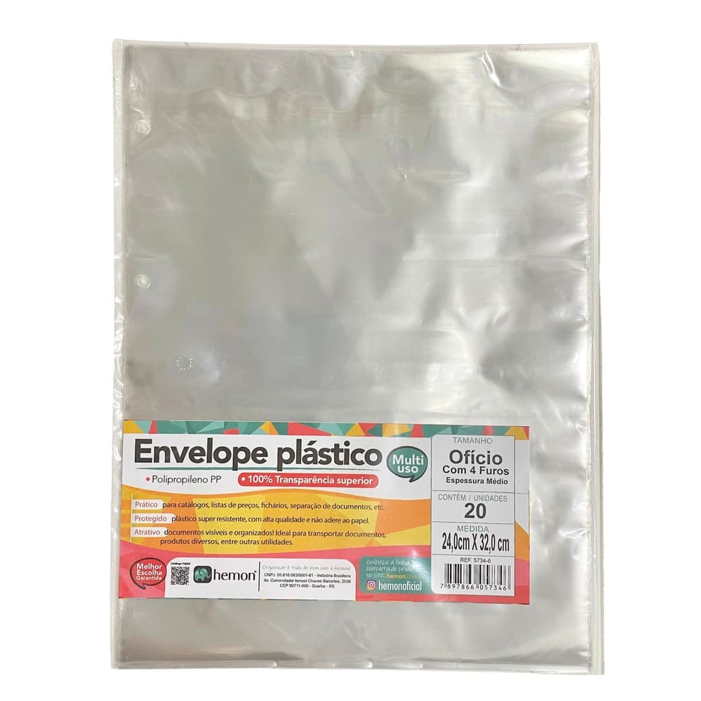Envelope Saco Plástico Ofício 4 Furos Médio Pacote 20 Un. Hemon