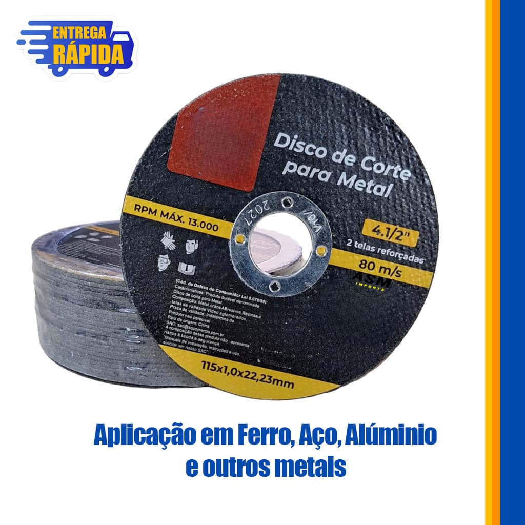 Kit 50 peças Disco de Corte 4.1/2 Metal Aço Carbono/Inox 115mm
