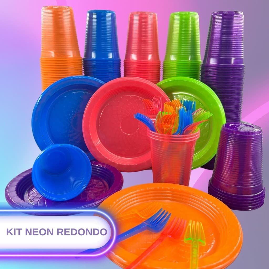 Kit Completo Cores Neon Redondo 150 Itens P/ Festa Aniversario Descartável Prato Copo Garfo