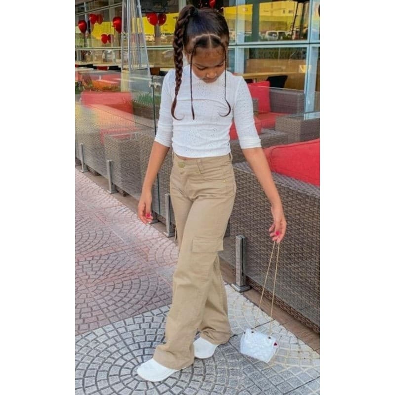 Calça wide leg Jeans Cargo na cor  Caqui 10 ao 16  Juvenil calça boca Larga calça Pantalona