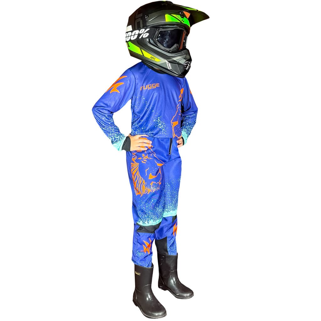 CONJUNTO ROUPA FARDA INFANTIL MOTOCROSS TRILHA OFF-ROAD AZUL LARANJA