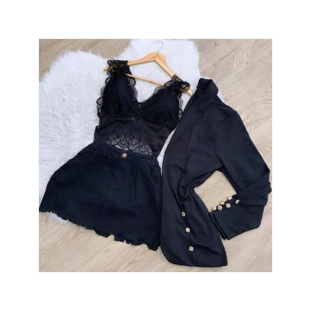 Conjunto Blazer + Cropped Renda  + Saia Preta Jeans Plus Size