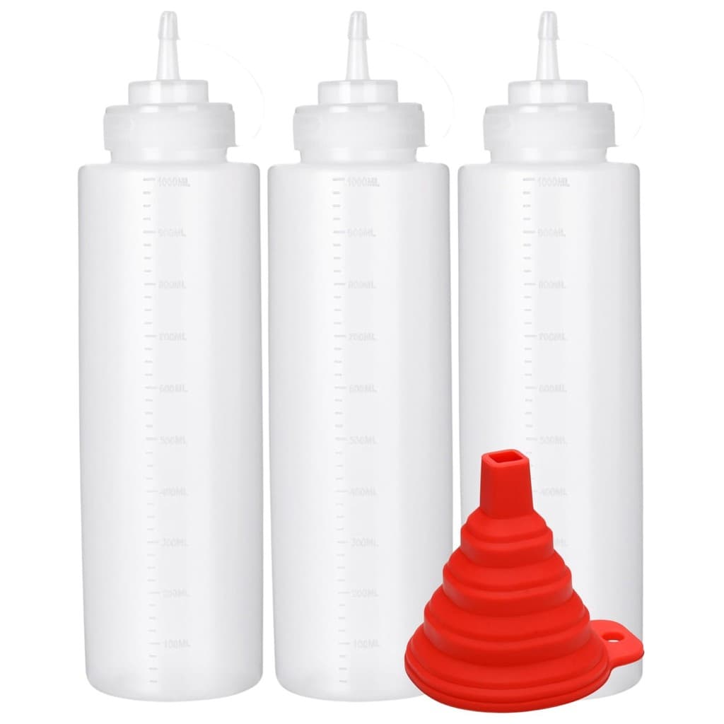 Kit 3 Bisnagas para Molho 1 Litro e Funil de Silicone Retratil Vermelho - Bisnagão de Molhos e Funil