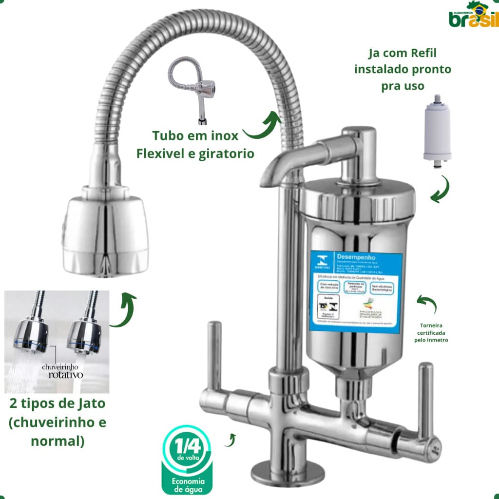 Torneira Gourmet Cozinha Filtro purificador bica alta Flexível dois jatos Luxo Inox Cromada Bancada