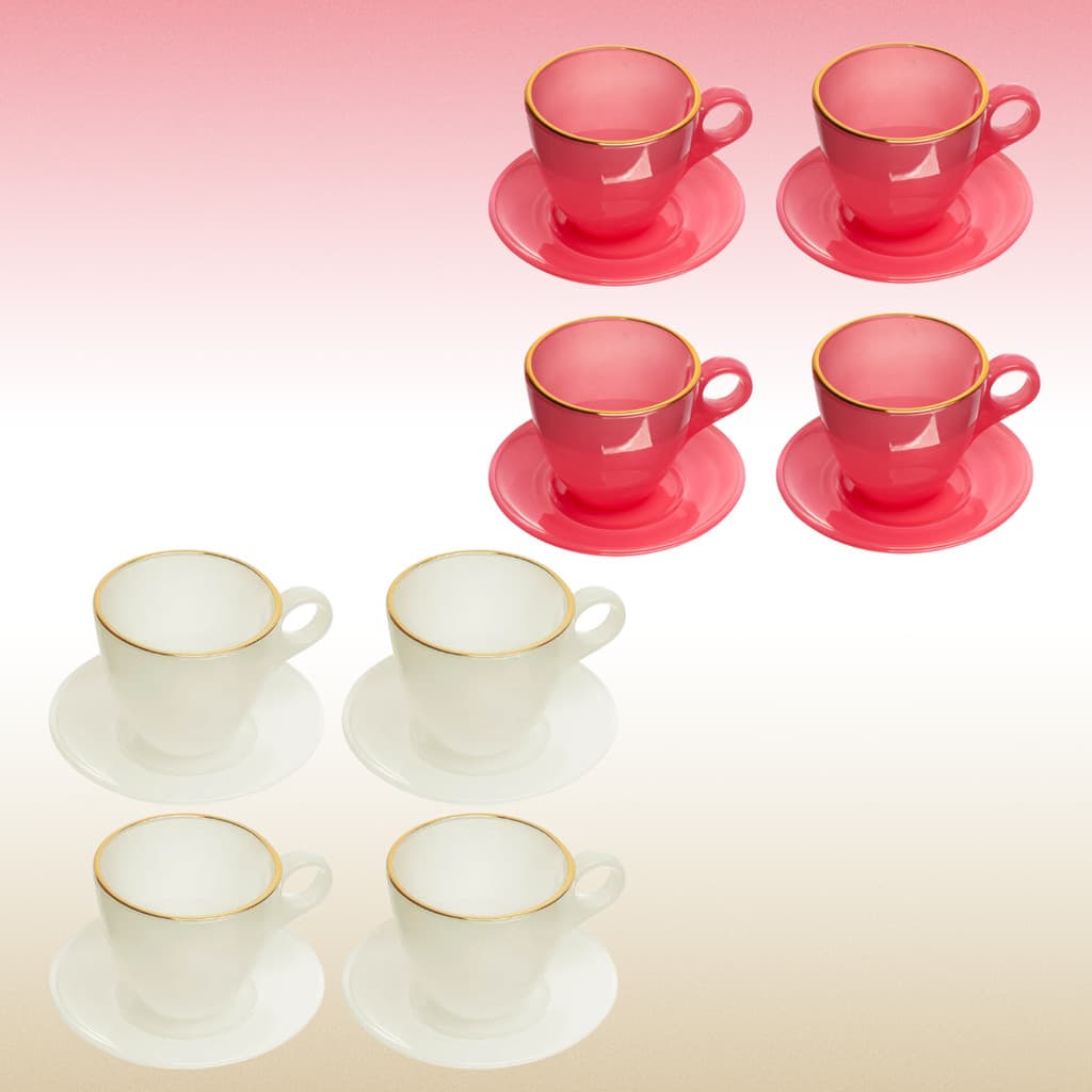 Jogo Kit Conjunto 8 Xícaras Milky Com Pires Fio De Ouro Cor Branca E Rosa Café Chá Wolff 170ml