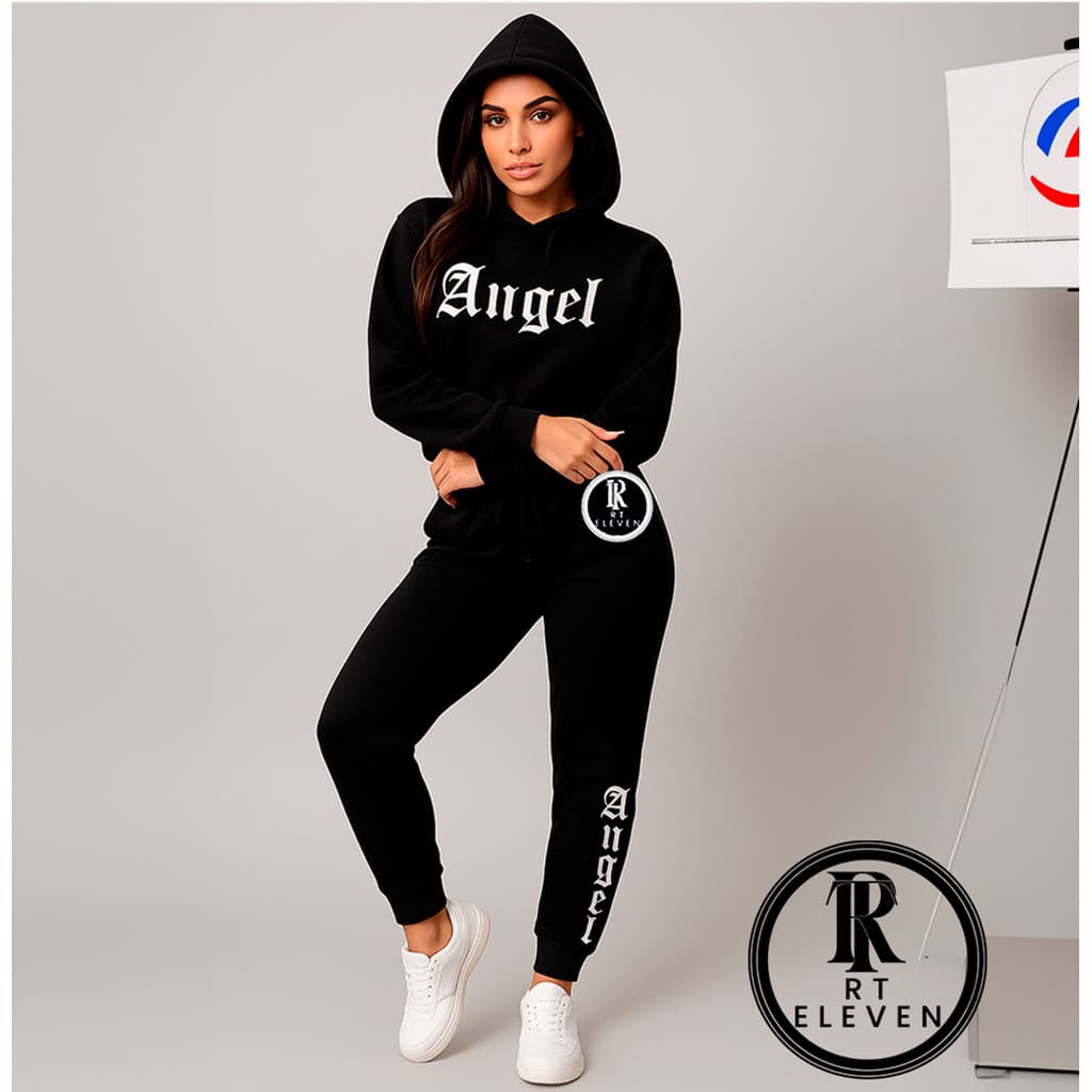 Conjunto Moletom Feminino Angel Blusa De Frio Canguru + calça Moletom Estampado Angel Anjos Tumbrl Com Bolso e Capuz