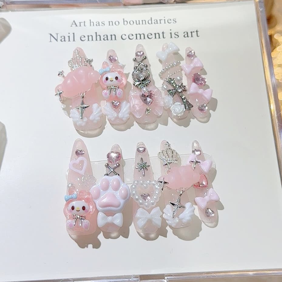 Y2K Bonito Rosa Melodia Jirai Longo Artesanal Imprensa Em Unhas Yami Kawaii 3D Nuvem Gato Garra Arco Cruz Falsas