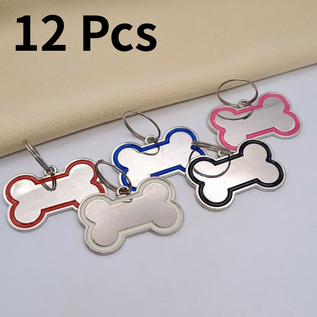 Kit 12 Plaquinhas Pet de Aço Inoxidável Coloridas 30x20mm | Ideal p/ Coleira, Nome e Telefone